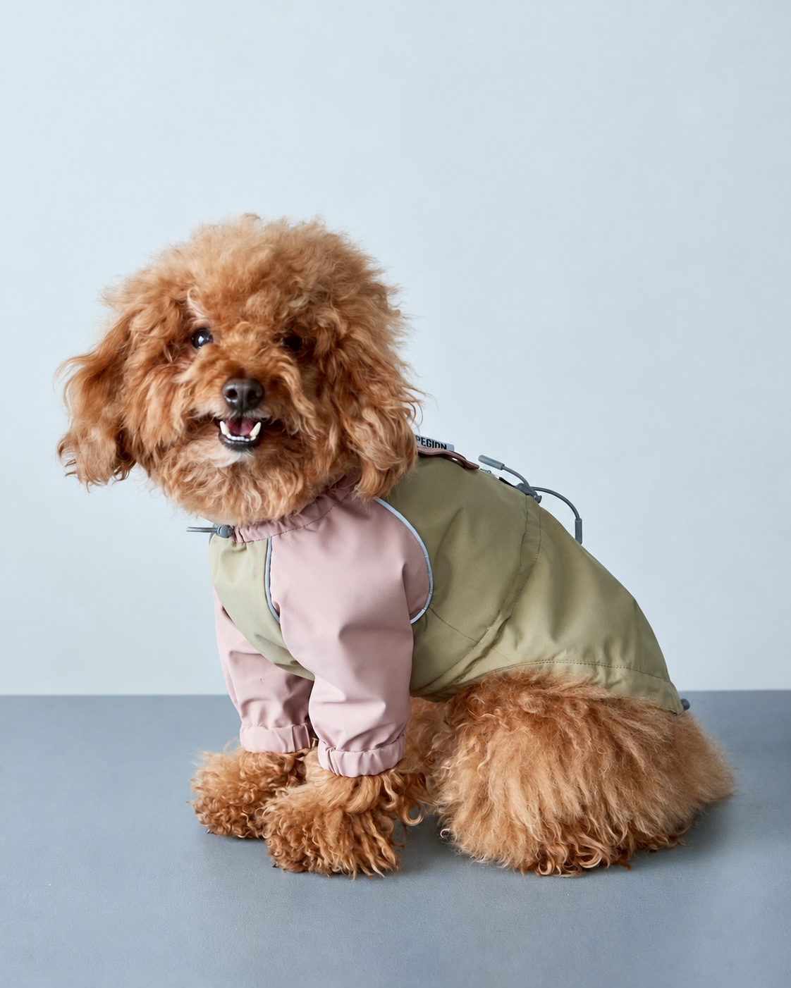 BEIGE/PINKのブルゾンを着用したブラウンのトイプードル